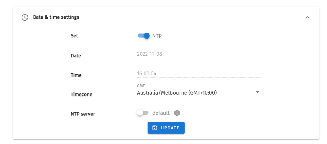 S-PLAY Date & time settings — Set manually or NTP, with Date, Time, Timezone (GMT) and NTP server fields and Update button