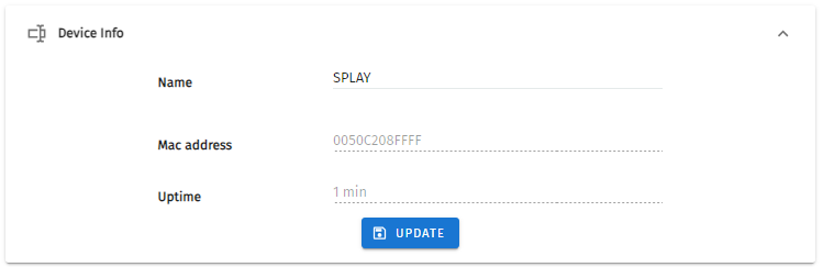 S-PLAY Settings — Device Info panel showing editable Name, Mac address and Uptime with an Update button