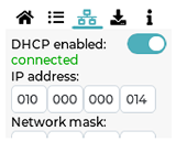 S-PLAY LCD network menu — DHCP enabled toggle showing connected, IP address (010.000.000.014) and Network mask entry fields