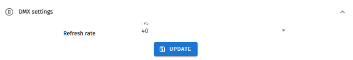 S-PLAY Settings — DMX settings panel with the output Refresh rate (FPS) field and Update button