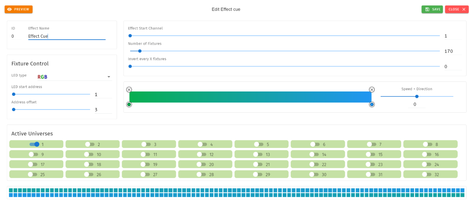 S-PLAY Edit Effect cue editor — Effect Name, Fixture Control (LED type RGB, LED start address, Address offset), Effect Start Channel, Number of Fixtures, Invert every X fixtures, the editable gradient bar with colour points, Speed + Direction slider and the 32 Active Universes toggle switches