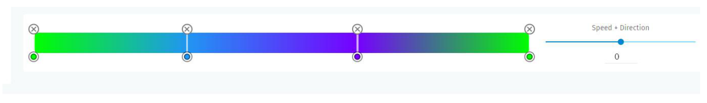 S-PLAY effect editor — editable colour gradient bar with colour points and the Speed + Direction slider used to set the playback speed and direction