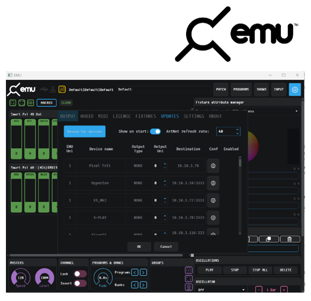 ENTTEC EMU software Output tab discovering the S-PLAY on the network — Rescan for devices, device list including S-PLAY with its destination IP and the configuration cog to open the web interface
