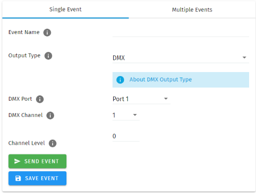 S-PLAY DMX Event configuration — Output Type DMX with DMX Port, Channel and Channel Level