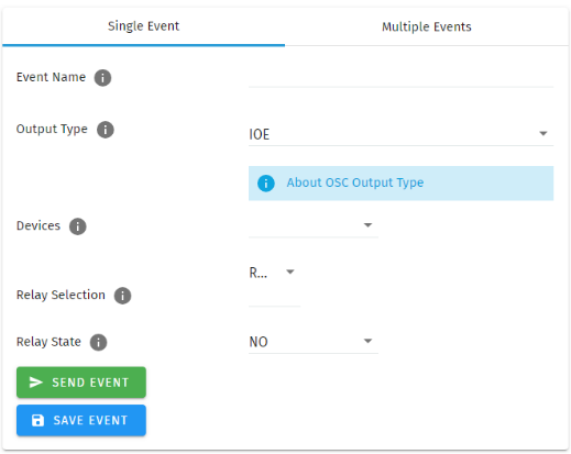 S-PLAY I/O Extender (IOE) Event configuration — Output Type IOE with Devices, Relay Selection and Relay State