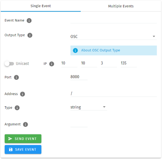 S-PLAY OSC Event configuration — Output Type OSC with Broadcast, IP, Port, Address, Type and Argument fields