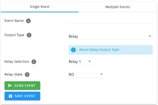 S-PLAY Relay Event configuration — Output Type Relay with Relay Selection and Relay State (NO/NC)