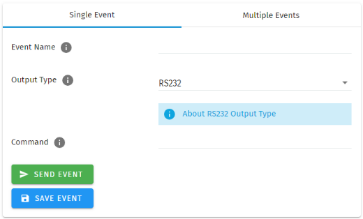 S-PLAY RS232 Event configuration — Output Type RS232 with the Command field and Send/Save Event buttons