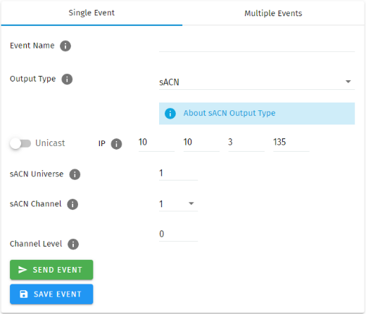 S-PLAY sACN Event configuration — Output Type sACN with Multicast IP, sACN Universe, Channel and Channel Level