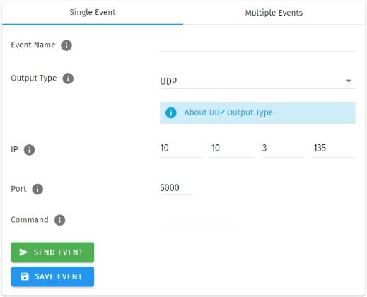 S-PLAY UDP Event configuration — Output Type UDP with IP, Port and Command fields