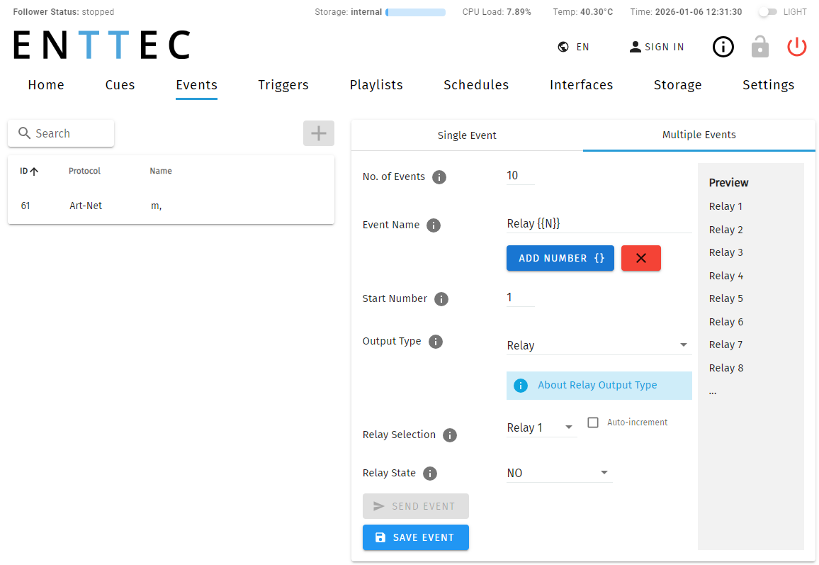 S-PLAY Events — Multiple Events tab: No. of Events, Event Name with ADD NUMBER, Output Type and a Preview list (Relay 1–8)