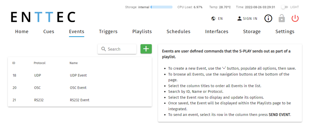 S-PLAY Events page — list of Events by ID, Protocol and Name (UDP, OSC, RS232) with Search, the green + create button and an instructions panel