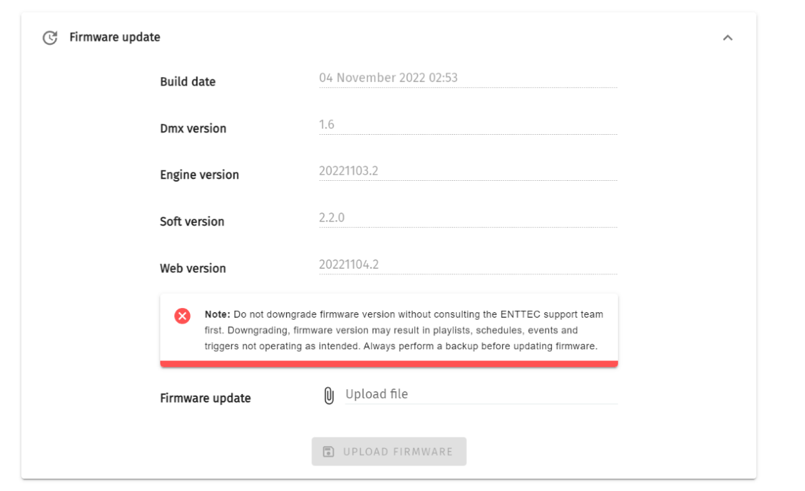 S-PLAY Firmware update panel — Build date, Dmx version, Engine version, Soft version, Web version, the downgrade warning Note and the firmware Upload file control