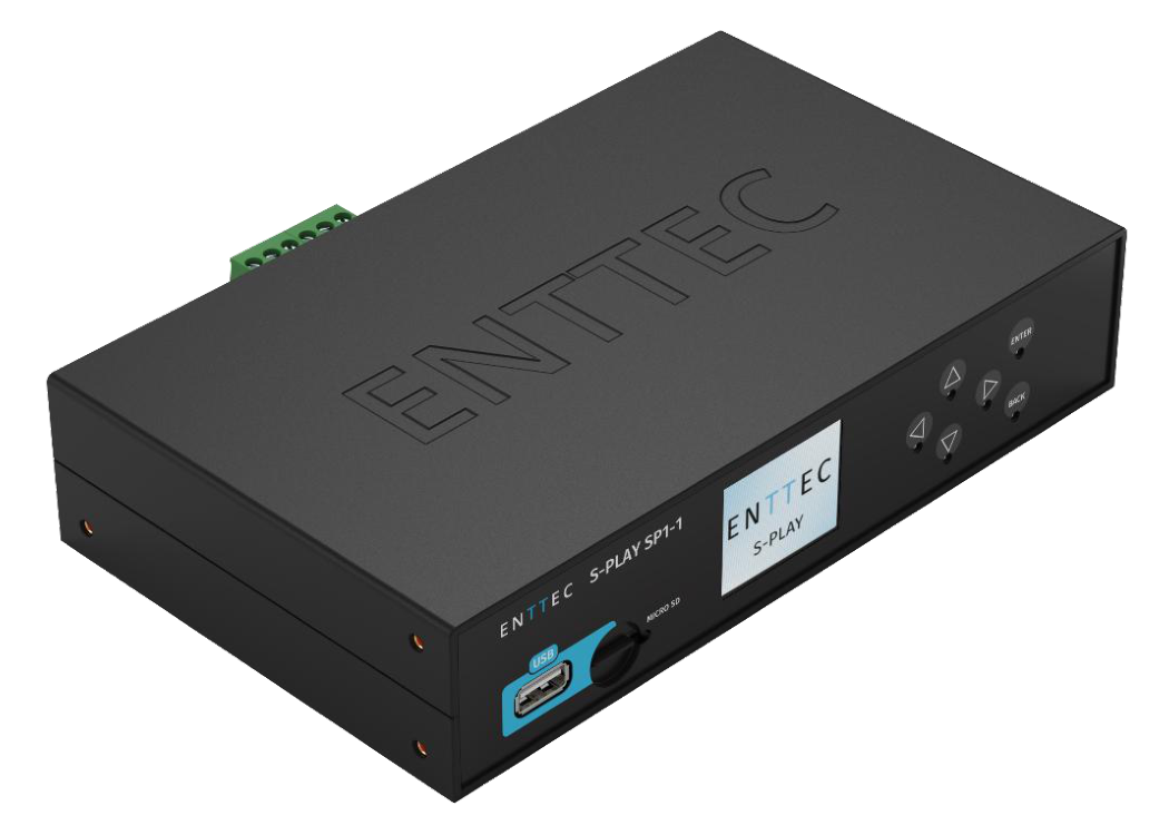 S-PLAY SP1-1 product photo — black metal half-rack unit with Phoenix terminal, USB and the ENTTEC S-PLAY LCD menu