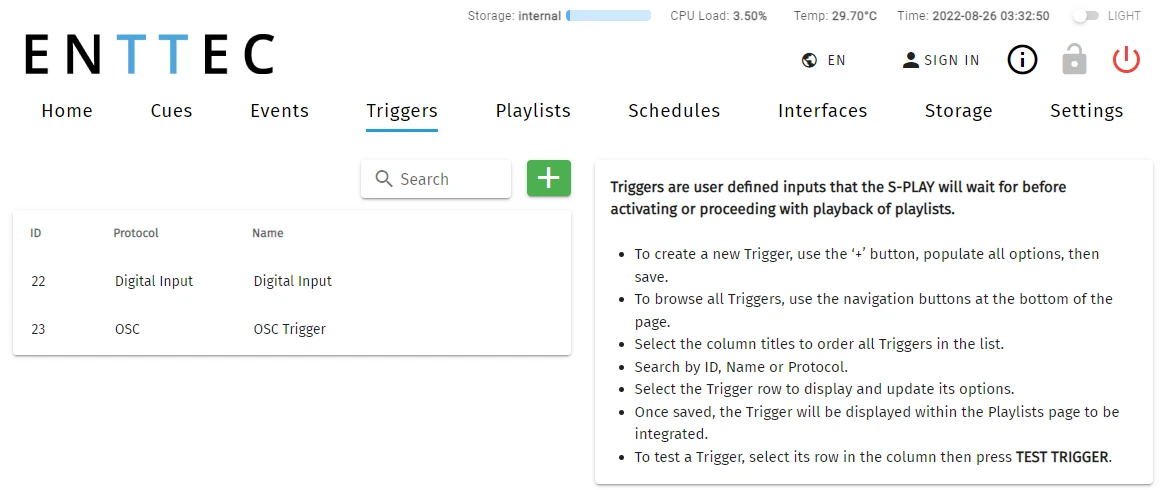 S-PLAY Triggers page