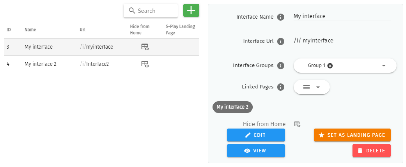 S-PLAY Interfaces page — list of custom interfaces by ID, Name, Url, Hide from Home and S-Play Landing Page, with the Interface editor (Interface Name, Interface Url, Interface Groups, Linked Pages, Edit, View, Set as Landing Page and Delete)