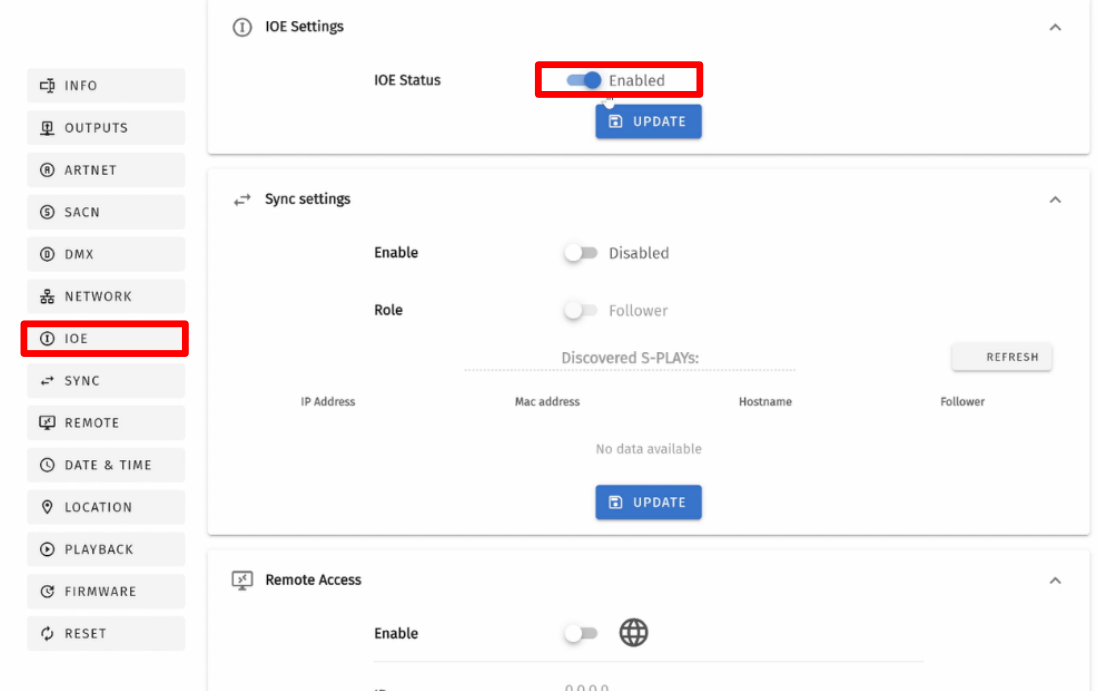 S-PLAY Settings — IOE panel with the IOE Status toggle set to Enabled (highlighted) and the Update button