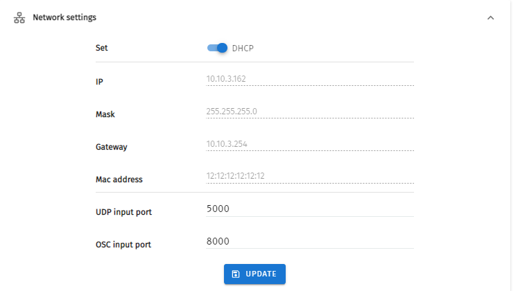 S-PLAY Settings — IOE / Network settings panel with DHCP, IP, Mask, Gateway and UDP/OSC input ports