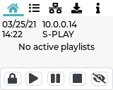 S-PLAY LCD home screen showing the device IP address (10.0.0.14), device name and playback state