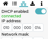 S-PLAY LCD Network Menu — DHCP enabled / connected toggle with IP address and Network mask entry fields