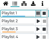S-PLAY LCD Playlist Menu — list of playlists (Playlist 1–4) with per-playlist play / pause / stop status