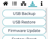 S-PLAY LCD Utilities Menu — USB Backup, USB Restore, Firmware Update and Factory Reset options
