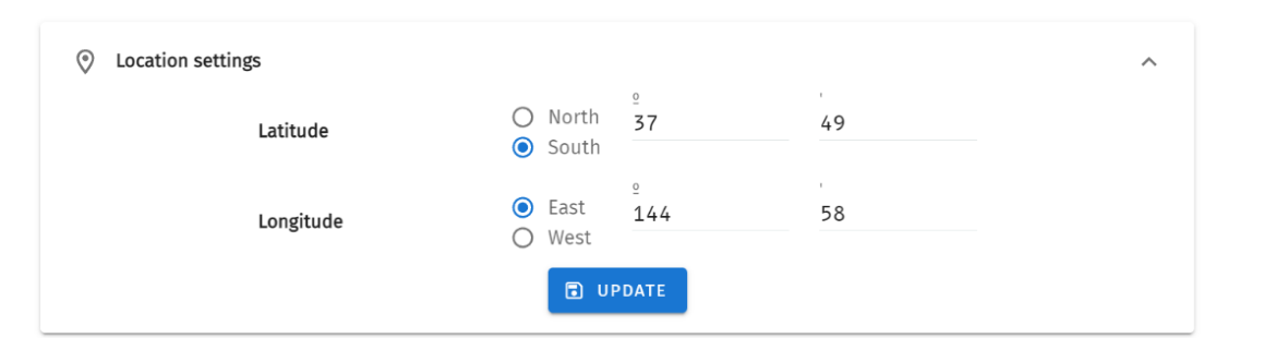 S-PLAY Location settings — Latitude (North/South) and Longitude (East/West) degree and minute entry used for sunrise and sunset scheduling