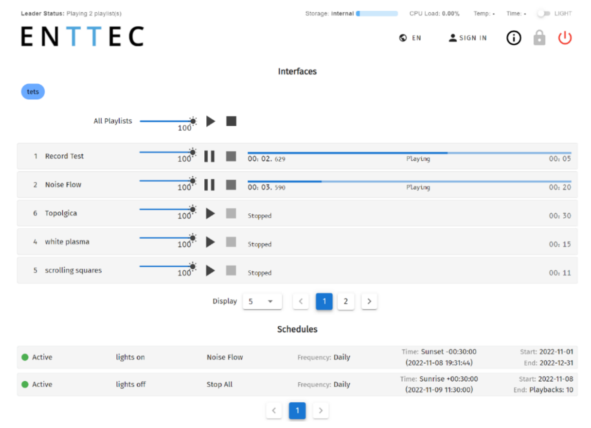 S-PLAY Home page — Interfaces, All Playlists master intensity and play/stop, per-playlist rows with intensity, play/pause/stop, progress and status, and the Schedules list below