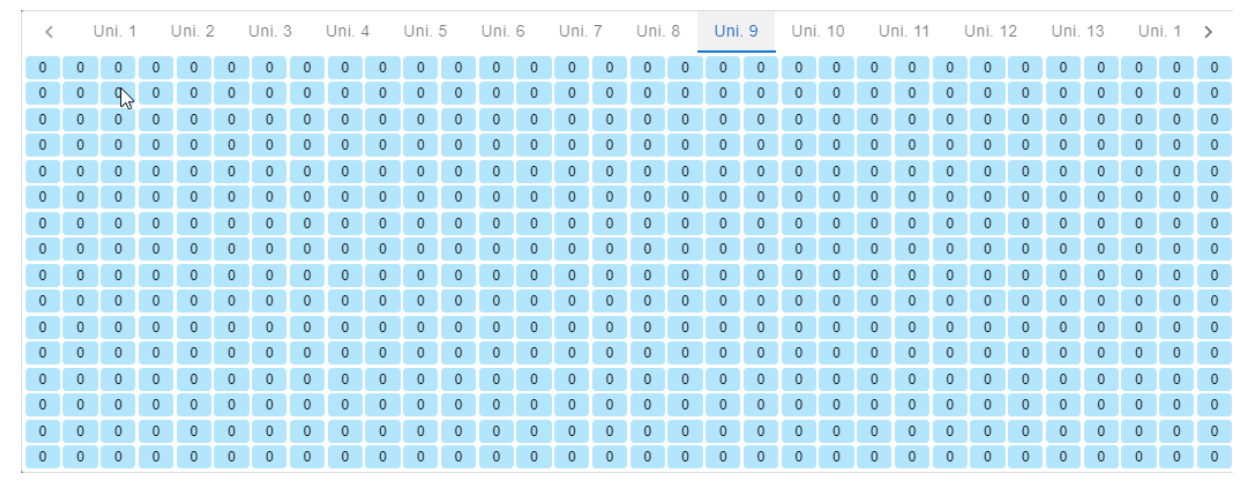 S-PLAY Monitor DMX Current — live per-channel DMX value grid with selectable universe tabs at the bottom of the page
