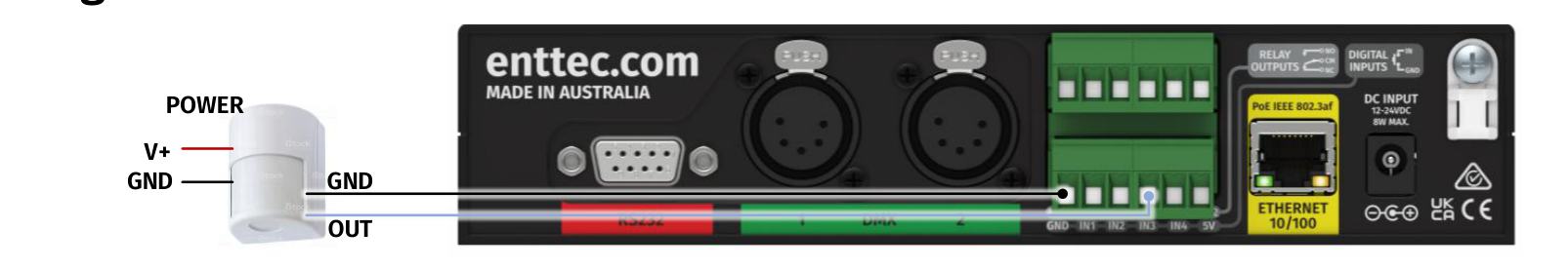 S-PLAY rear panel showing a 3-wire motion sensor wired into a digital input — sensor POWER (V+), GND and OUT, with GND and OUT routed to the S-PLAY digital input and GND terminals