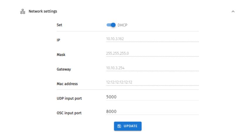 S-PLAY Network settings — DHCP toggle, IP, Mask, Gateway, Mac address, UDP input port and OSC input port with Update button