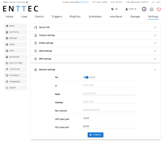 S-PLAY Settings — Network settings panel with DHCP toggle, IP, Mask, Gateway, Mac address and UDP/OSC input ports with the Update button