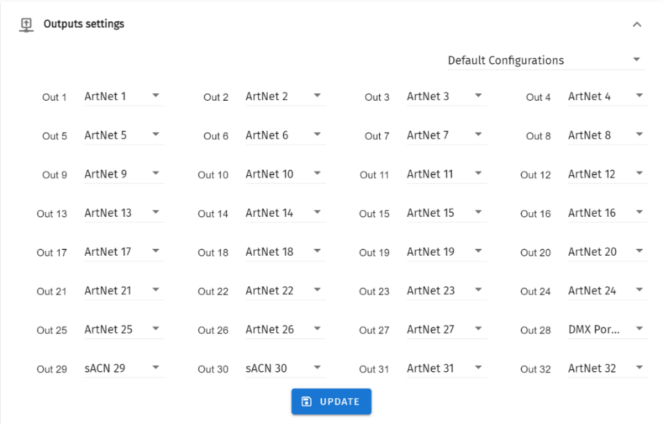 S-PLAY Output settings — each of the 32 internal universes (Out 1–32) assigned to Art-Net, sACN or DMX, with a Default Configurations drop-down and Update button