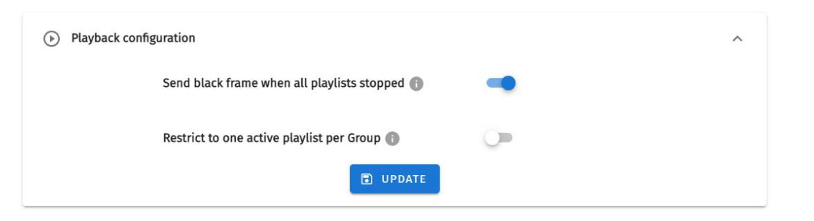 S-PLAY Playback configuration — 'Send black frame when all playlists stopped' and 'Restrict to one active playlist per Group' toggles with Update button