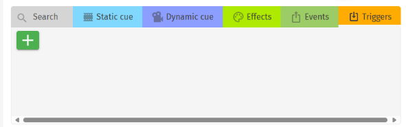 S-PLAY playlist library bar — Static cue / Dynamic cue / Effects / Events / Triggers tabs with the green + add button