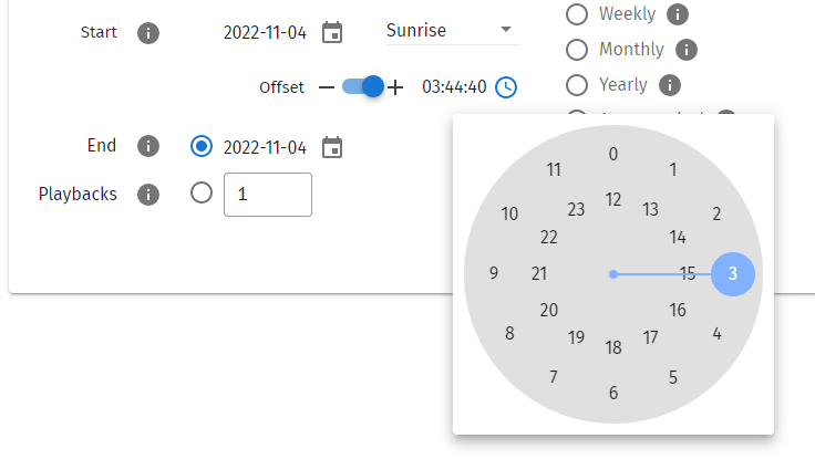 S-PLAY schedule Start Condition — Start set to Sunrise with an Offset, and the clock dial used to set a specific hour