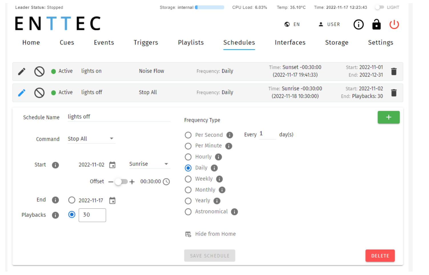 S-PLAY Schedules page — schedule list with status, the Schedule Editor (Name, Command, Start/End conditions, Playbacks) and the Frequency Type options