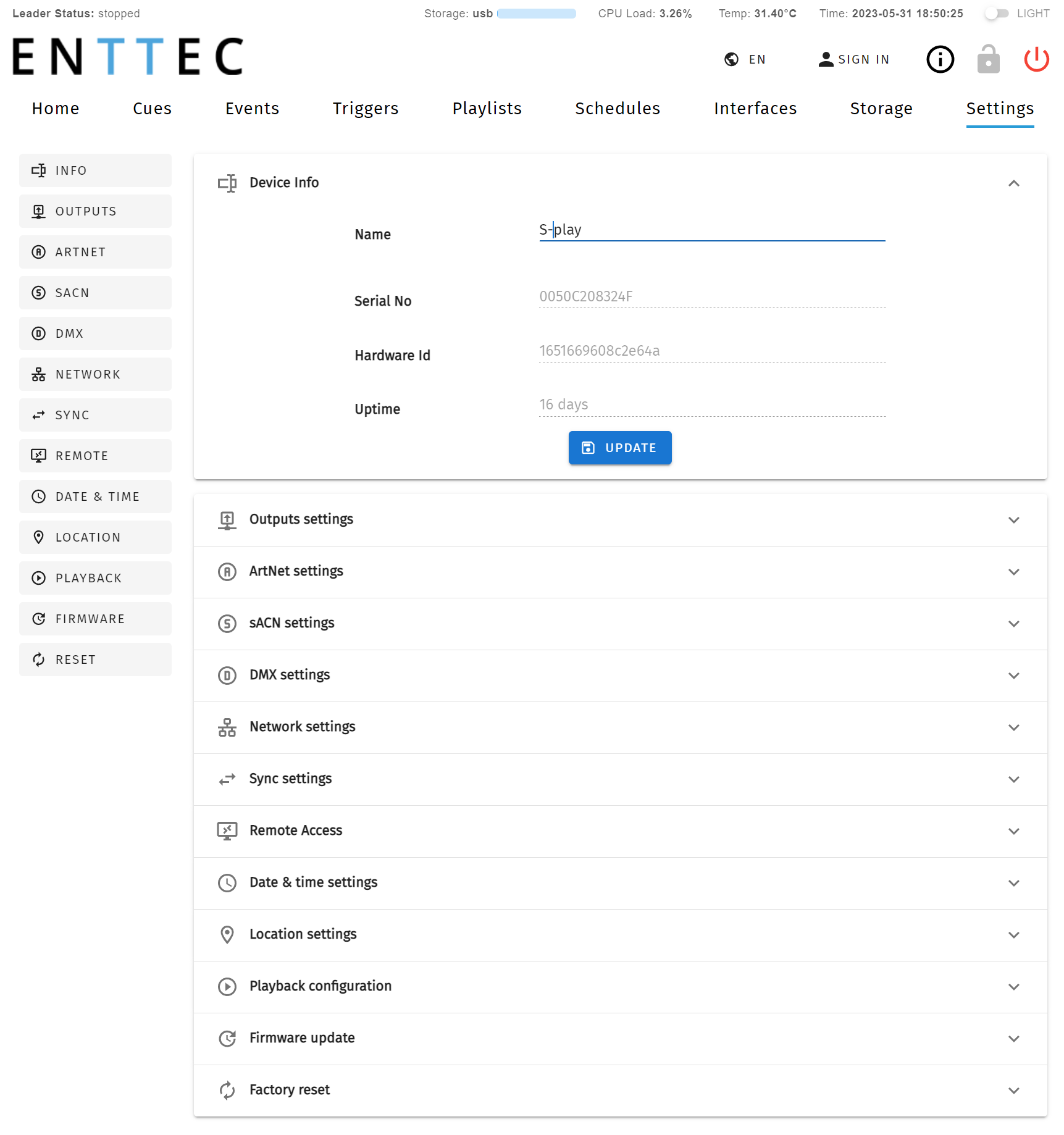 S-PLAY Settings page — left-hand menu (Info, Outputs, ArtNet, sACN, DMX, Network, IOE, Sync, Remote, Date & Time, Location, Playback, Firmware, Reset) with the Device Info panel and collapsible setting sections