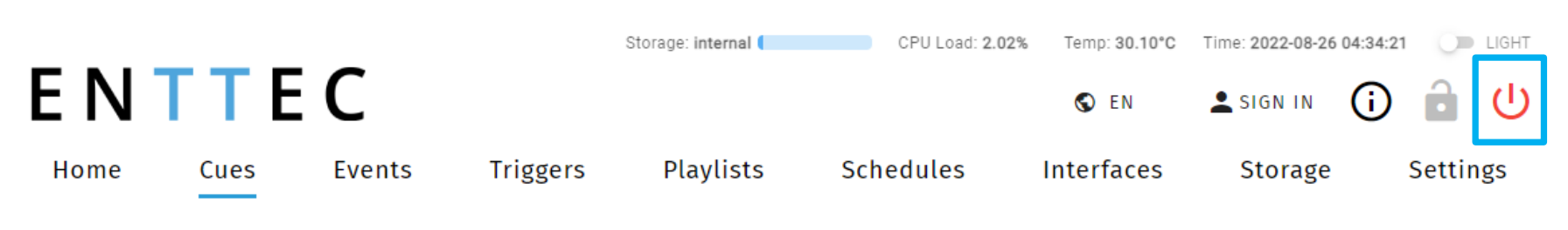 S-PLAY web interface top bar with the red Power (Shutdown) icon highlighted in the top-right corner