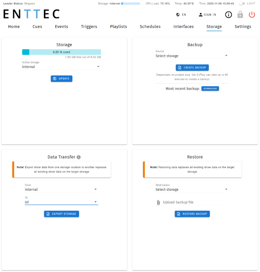 S-PLAY Storage page — Storage usage with Active storage selector, Backup, Data Transfer and Restore panels