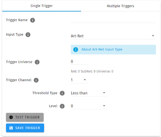 S-PLAY Art-Net Trigger configuration — Input Type Art-Net with Universe, Channel and trigger value parameters