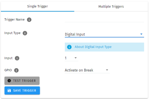 S-PLAY Digital Input Trigger configuration — Input Type Digital Input with port selection (IN1–IN4 to GND) and Activate on Make/Break