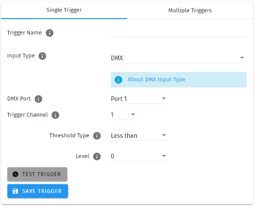 S-PLAY DMX Trigger configuration — Input Type DMX with DMX Port, Channel and trigger value parameters