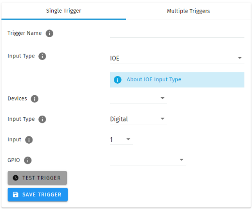 S-PLAY I/O Extender (IOE) Trigger configuration — Input Type IOE with Devices, Input Type and Input fields
