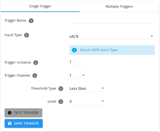 S-PLAY sACN Trigger configuration — Input Type sACN with Universe, Channel and trigger value parameters