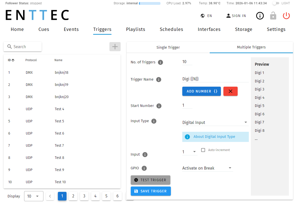 S-PLAY Triggers — Multiple Triggers tab: No. of Triggers, Trigger Name with ADD NUMBER, Input Type and a Preview list