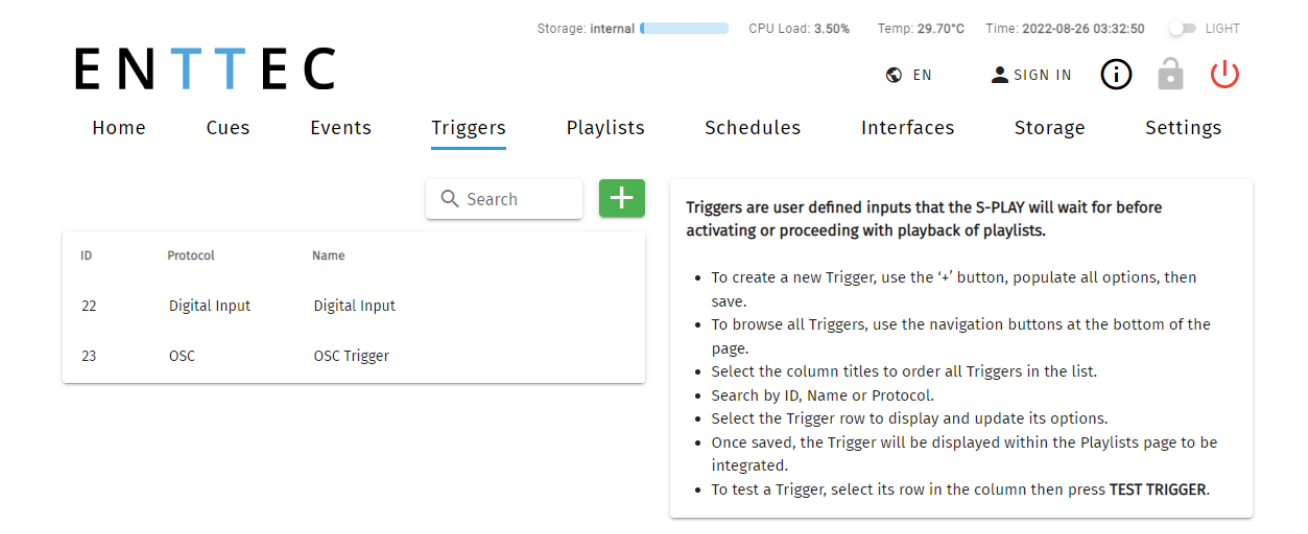 S-PLAY Triggers page — list of Triggers by ID, Protocol and Name (Digital Input, OSC) with Search, the green + create button and an instructions panel
