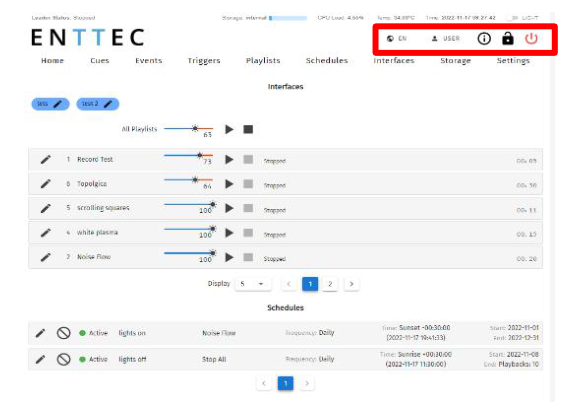 S-PLAY web interface Home page with the top-right user-management controls highlighted in a red box — language (EN), USER sign-in, info, lock and red power/shutdown icons