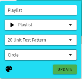 S-PLAY interface Widget editor — Widget name, function (Playlist), target playlist, shape (Circle), colour picker and the green UPDATE button