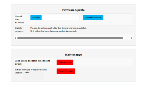 S-PLAY NANO boot page — Firmware Update panel (Browse, Update Firmware, update progress) and Maintenance panel (Factory reset, Reset firmware to factory default version)